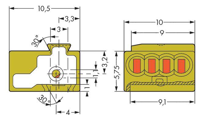 Technical drawing of a connector: Front and side view with detailed dimensional specifications and angles.