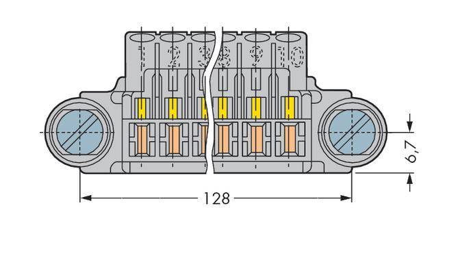 Technical drawing of a connector with dimensions: width 128 mm, height 6.7 mm. Various areas are marked in yellow and orange.