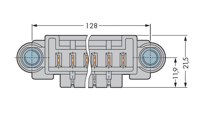 Connector diagram with dimensions: width 128 mm, height 21.5 mm, and screw holes on the left and right. Shows internal connections.