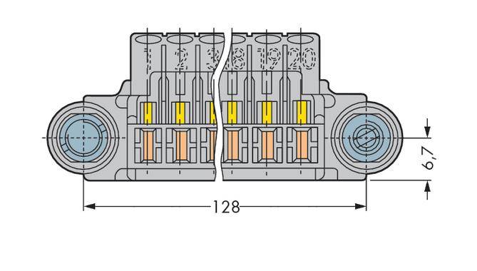 Technical drawing of a connector with dimensions: width 128 mm, height 6.7 mm. Displays internal connections in various colours.
