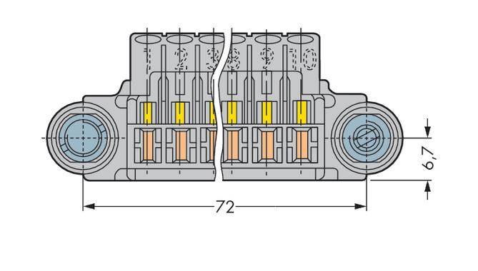 Plug connector diagram with 72 mm width and 6.7 mm height. Shows coloured contacts in various sections.