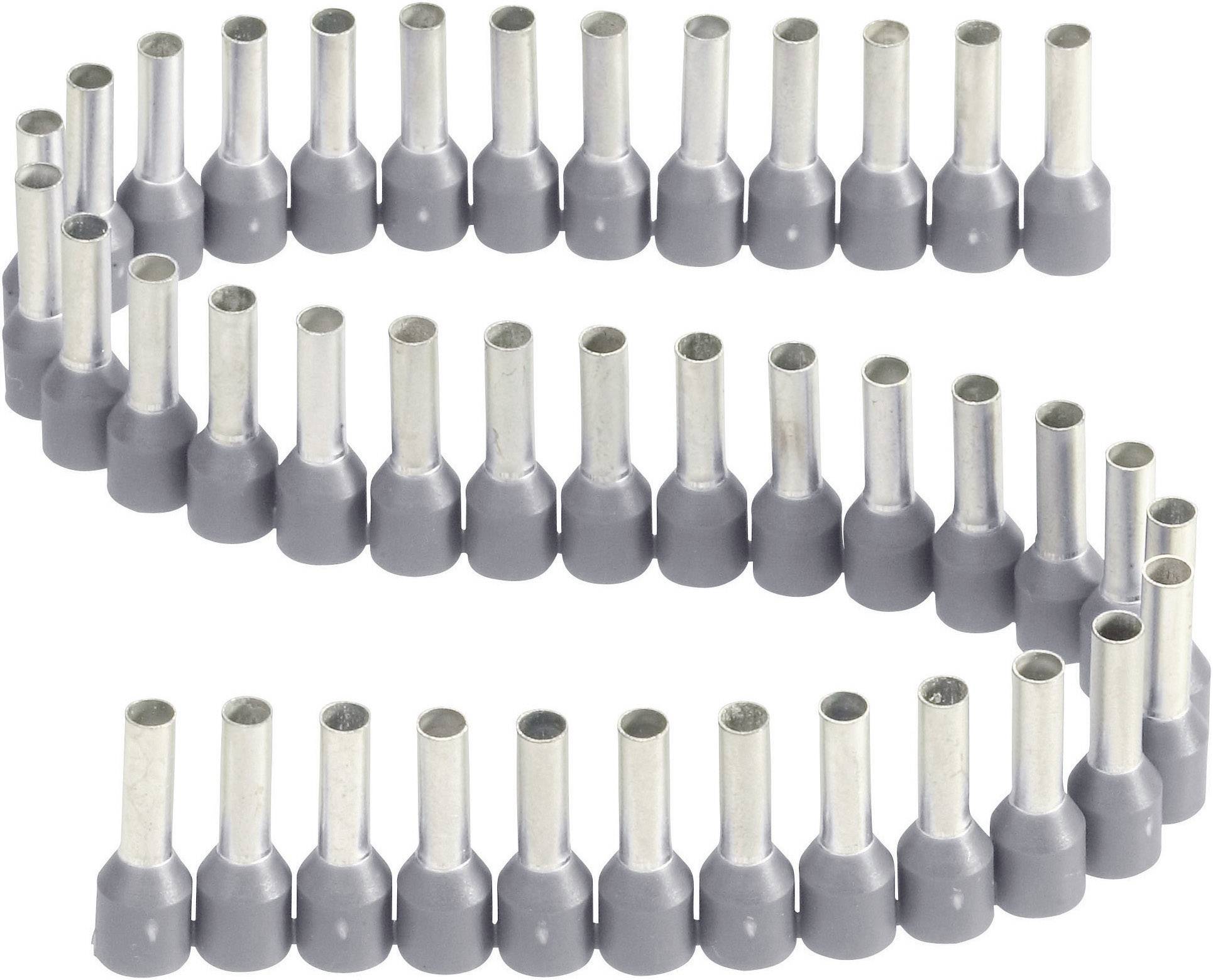 A row of silver cable lugs with grey insulation, arranged symmetrically in three lines on a white background.