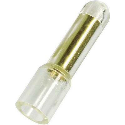 A transparent cable connector with a cylindrical, gold-coloured metal insert, used for electrical connection purposes.