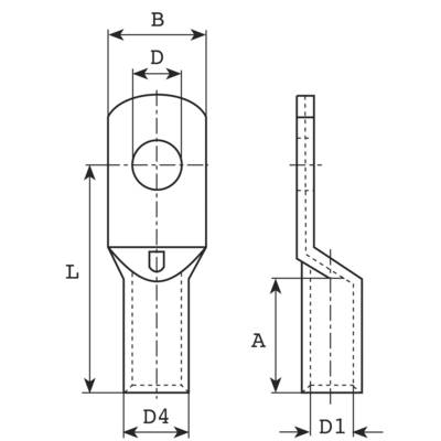 Technical drawing of a metal plug with dimensions: B, L, A, D, D1, D4. Shows front and side view of the component.