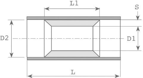 Technical drawing shows a rectangular object with internal dimensions D1, D2 and external dimensions L, L1; thickness S is also specified.