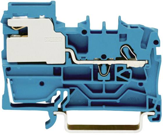 A blue, isolated electrical terminal block with conductive parts and metal connections for securing cables.