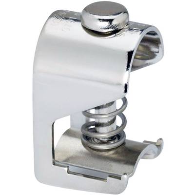 Metal clip with screw and spring mechanism, possibly for securing cables or pipes to a surface.