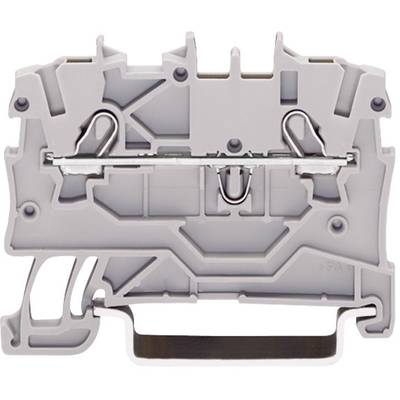 Grey plastic terminal block with metal contact in the centre, suitable for electrical connections in control cabinets and control systems.