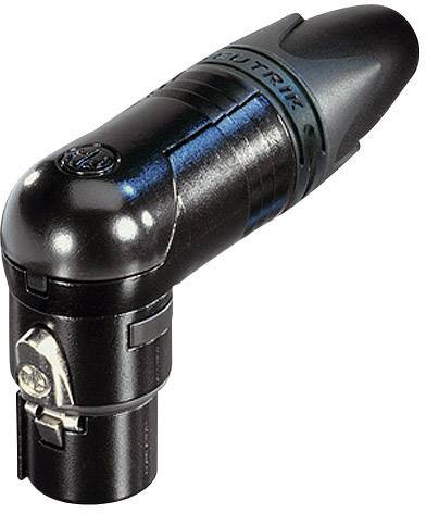 A black, angled XLR connector with a glossy surface, used for professional audio connections.