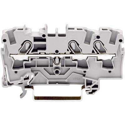 A white, modular electrical terminal block with DIN rail mounting, wire clamps, and screws for electrical wiring.