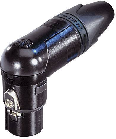 A black Neutrik angled XLR plug with a locking mechanism, typically used for audio connections in studio equipment.