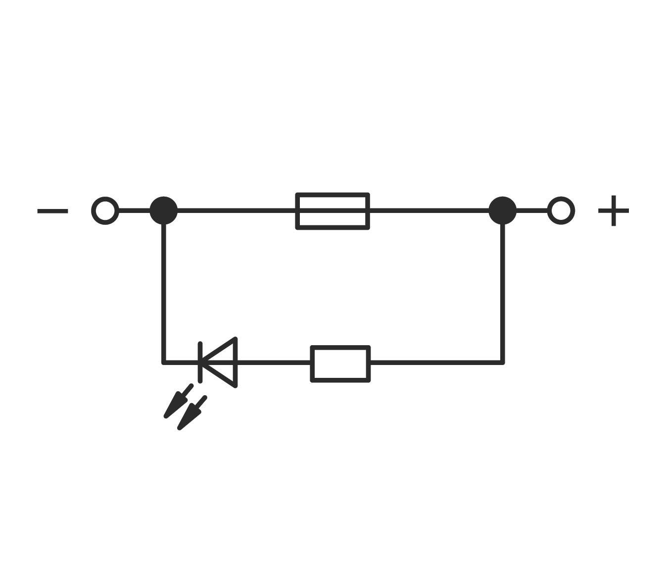 Circuit diagram with battery, resistor, LED, and switch connected in series. LED illuminates when the switch is closed.
