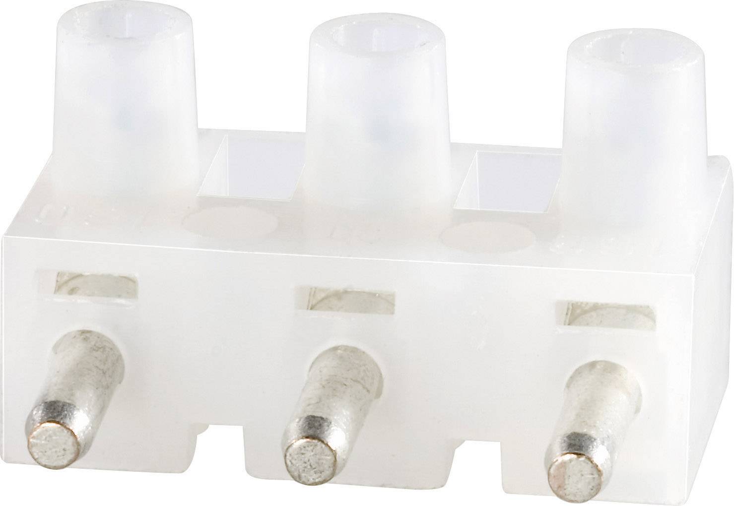 Plastic clip with three metallic plug contacts, suitable for connecting electrical wires.