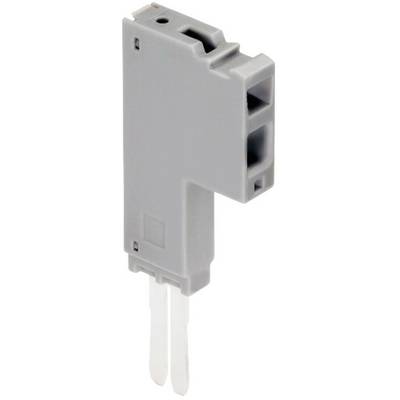 Grey electrical connector with two metal pins, rectangular shape, used for connecting electrical wires.