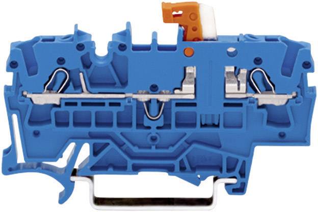 A blue plastic terminal block with metal connections and an orange push-button for electrical wiring.