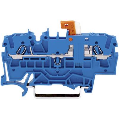 A blue plastic terminal block with metal connections and an orange push-button for electrical wiring.