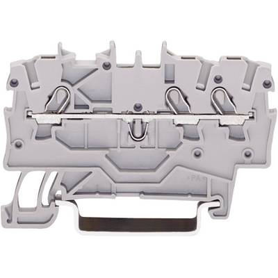 Grey electrical terminal block with complex connection mechanisms and wire routing, suitable for industrial applications.