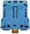 A blue terminal block for electrical wiring, robust design, suitable for DIN rail mounting, with screw connection on top.