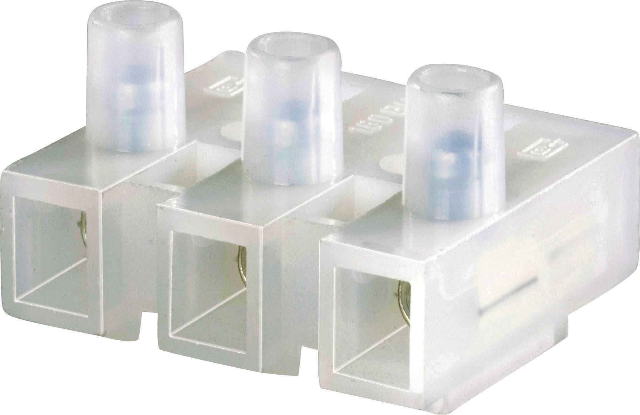 Transparent plastic terminal block with three connections, suitable for electrical connections.