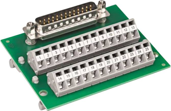 Green printed circuit board with a connector and two rows of numbered terminals. Used for electrical connection and signal transmission.