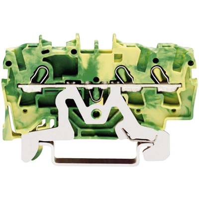 Electrical terminal strip in yellow and green, with metallic connecting element for junction boxes for secure cable fastening.