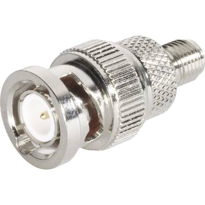A metallic coaxial plug with a knurled grip and central pin, suitable for connection to electronic devices or cables.