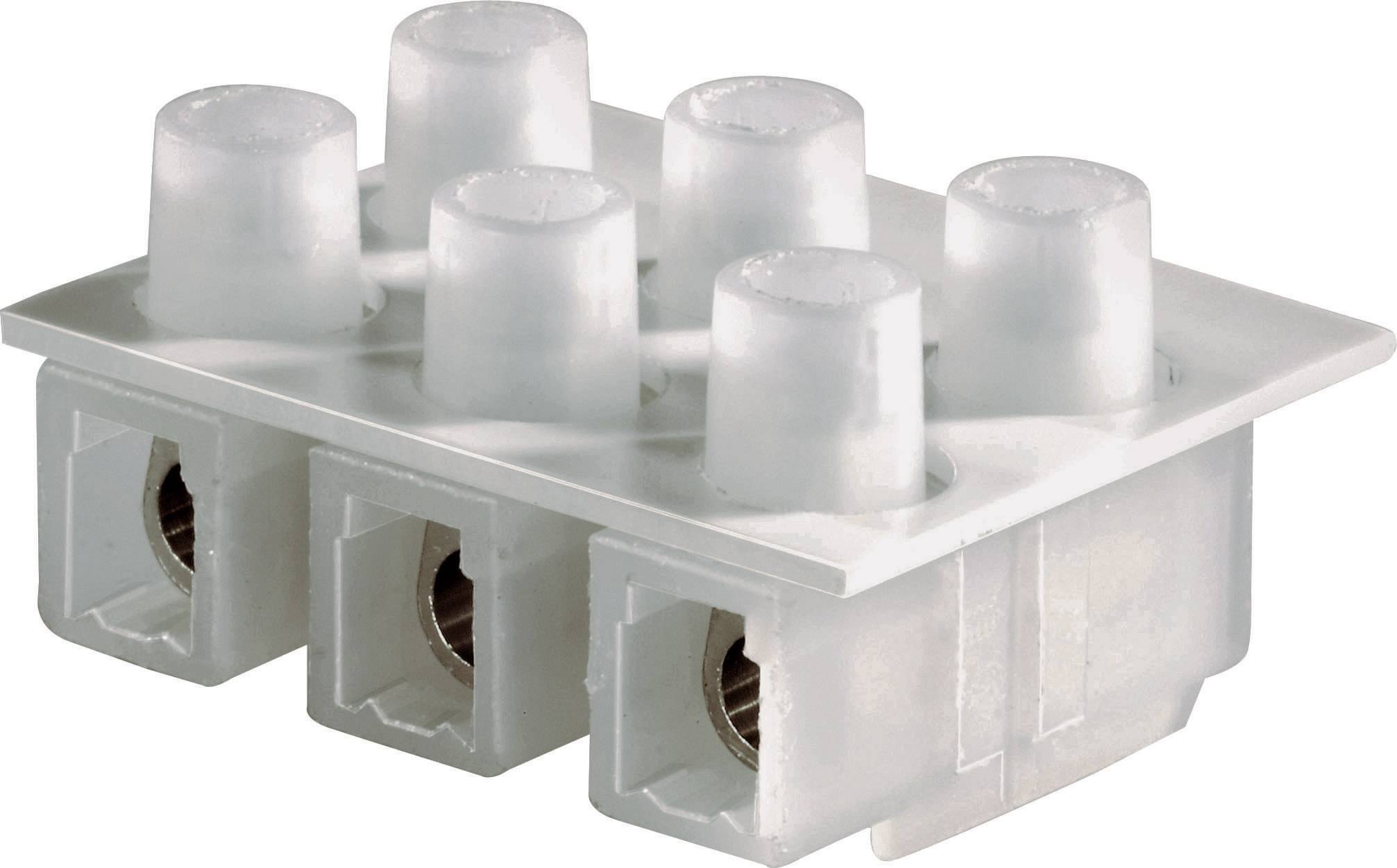 A white, six-pole electrical terminal block with screw terminals, used for connecting wires in electrical installations.