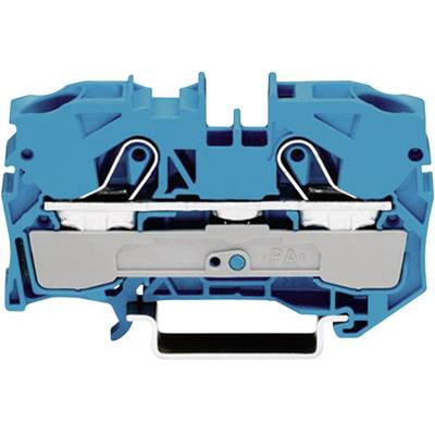 Electrical terminal block in blue with silver contacts and mounting rail, used for the secure connection of electrical wires.