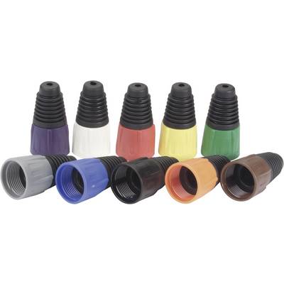 Nine thread protection caps in various colours (purple, white, red, yellow, green, grey, blue, black, orange) are positioned side by side.