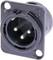 'Black, round connector with three metal pins, mounted on rectangular plate with four screw holes.'