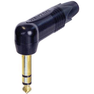 A black angled plug with a gold-coloured, three-pin jack socket. It is used for connecting audio devices.