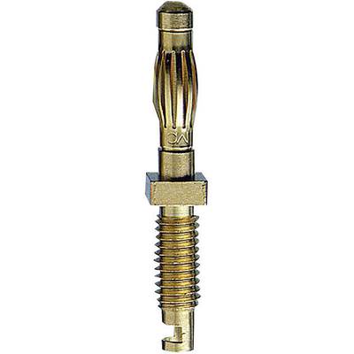 Brass-coloured metal component with a ribbed rod in the centre, screw thread at the bottom and a square central section. No context for its function.