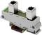 Dual RJ45 module holder in grey plastic with connection ports for network or telecommunications applications.
