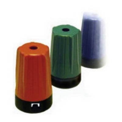 Three colourful, ribbed plastic caps from electrical terminals: Red, Green, Blue. They are arranged standing upright.