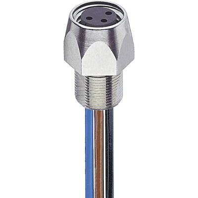 Multi-pin connector enclosed in a metal housing, with blue, brown, and black cables, for electrical connections.