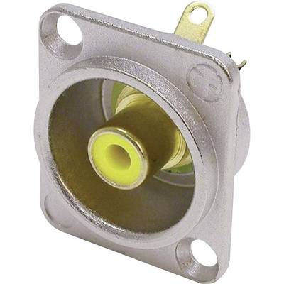 A metal socket with a yellow internal core, suitable for electronic connections, mountable via four mounting holes.