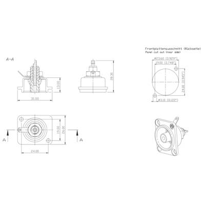 Technical drawing of an electrical plug with multiple views, dimensions, and a detail of the front panel cutout in the top right.