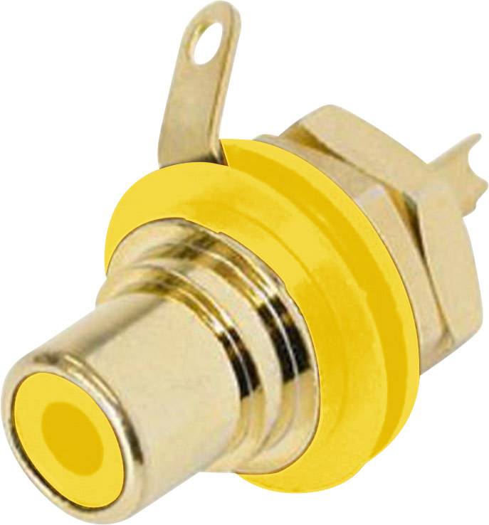 A yellow RCA plug, typically used for audio or video signals, with a metal casing and solder tabs for mounting.
