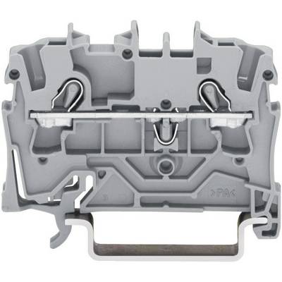 Grey, rectangular terminal block with metal contacts and side mounting points, used for electrical wiring.