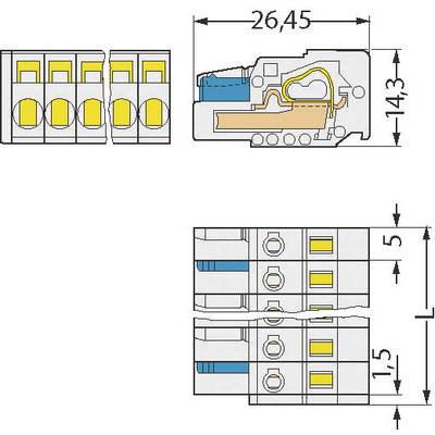 Diagram of an electrical plug with dimensions: 26.45 mm length, 14.3 mm height. Shows connection contacts and internal structure.