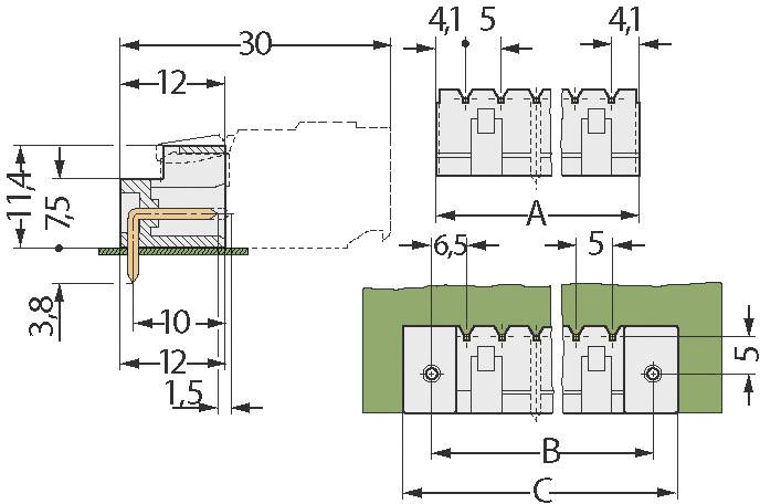 Technical drawing of a connector with dimensions: Top 30mm, bottom 38mm, side 114mm and width 12mm. Detailed cross-section view.