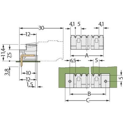 Technical drawing of a connector with dimensions: Top 30mm, bottom 38mm, side 114mm and width 12mm. Detailed cross-section view.