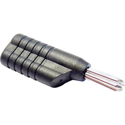 A small black jack plug adapter with a ribbed surface and three metal contacts.