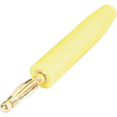 Yellow banana plug, isolated on a white background, showing the metallic contact at one end. Electronic connection removal.
