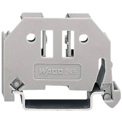 Grey insulated terminal block with two connection openings and a side lever, used in electrical circuits for secure connection of wires.