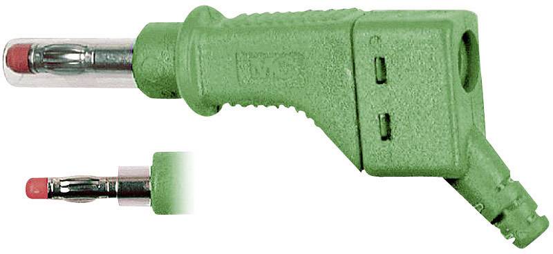 Green insulated angled plug with a red tip, shown from two perspectives. Used for electrical connection.