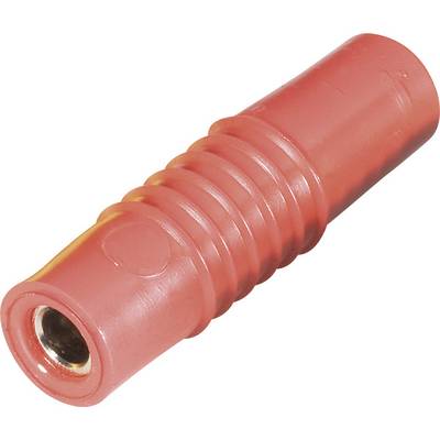 Red loudspeaker socket with a ribbed surface, made of plastic, showing the connection side.