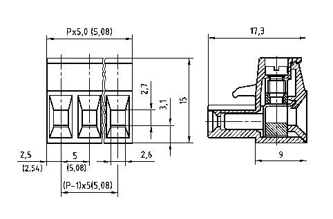 Technical drawing of a connector with detailed dimensions and cross-sections; dimensions specified in millimetres.