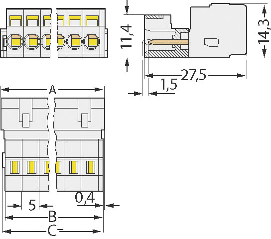 'Technical drawing of an electrical connector with dimensions: 11.4 mm height, 14.3 mm width, 27.5 mm length and 5 mm spacing.'
