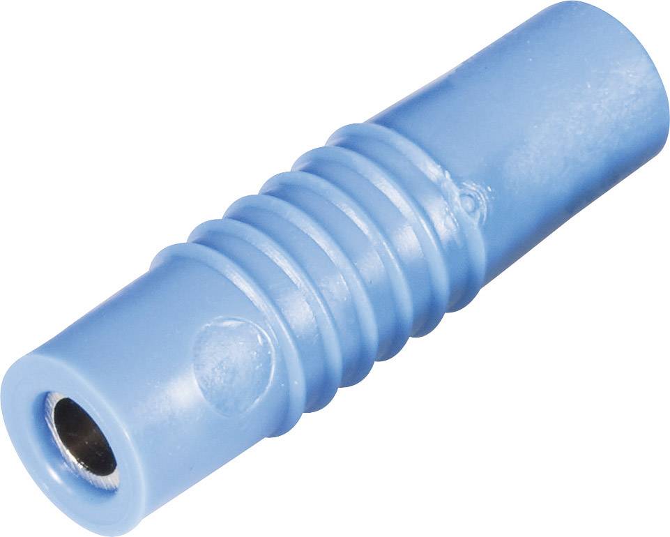 A blue plastic plug with a ribbed surface and metallic connection. Suitable for electrical connections.